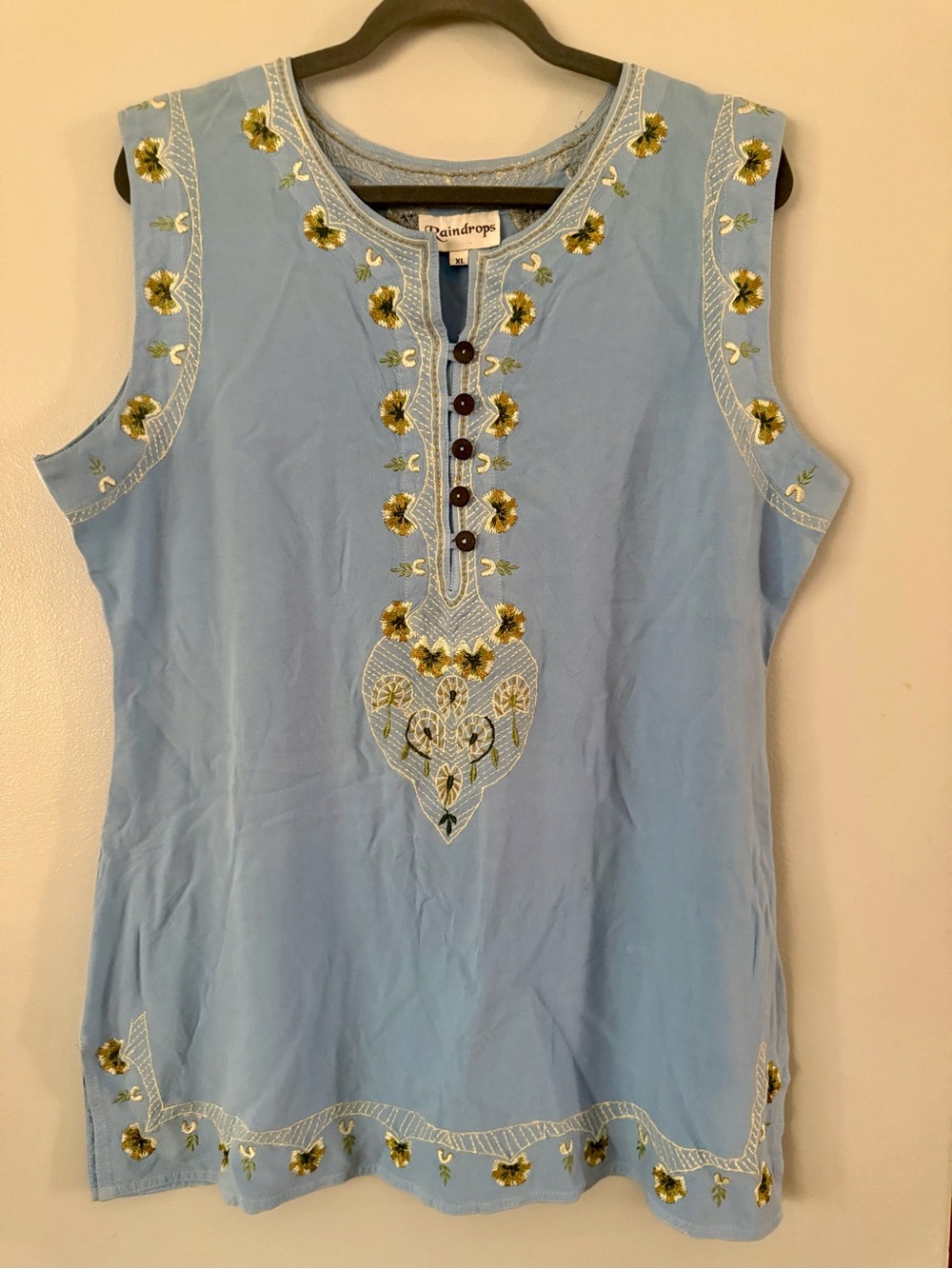 Raindrops Boho Embroidered Sleeveless Tunic Blouse Light Blue Size XL